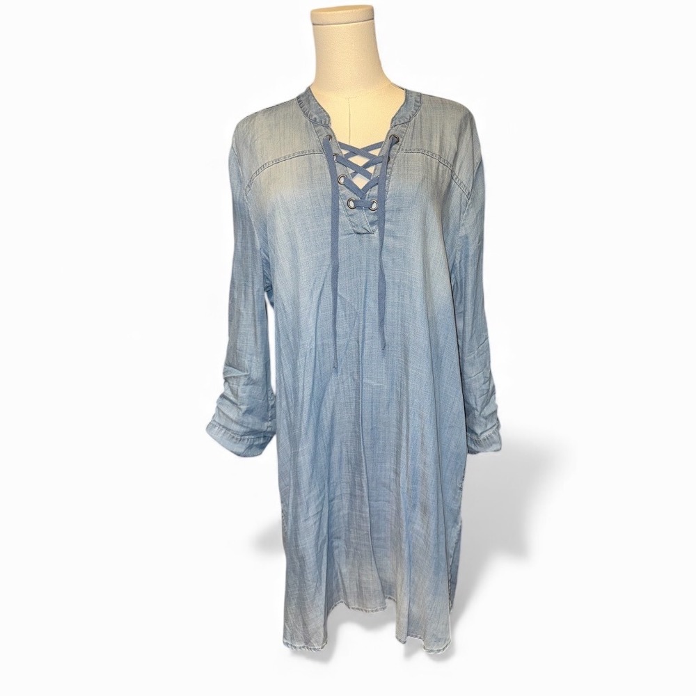 Dear John Denim Chambray Lace Up Tunic Dress Size‎ L Long Sleeve Roll Tab